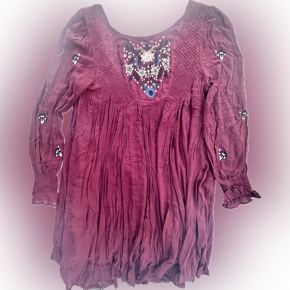 Free People Plum Backless Dress FloralEmbroidered BOHO Artsy Flow Babydoll Sz M - Picture 6 of 16